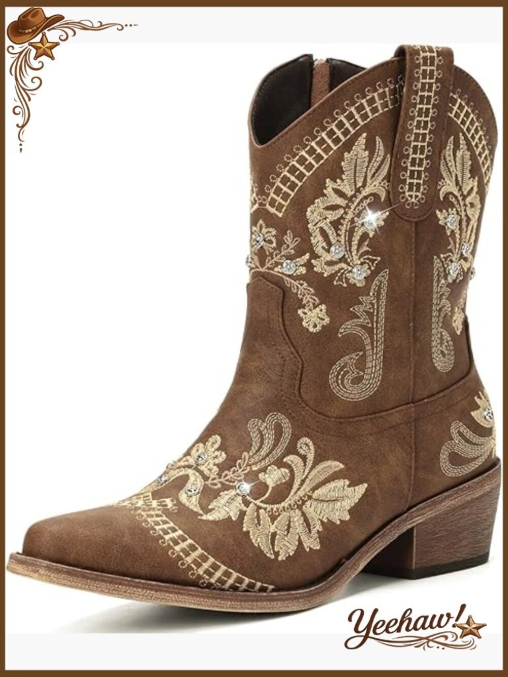 Western Embroidered Cowgirl Boots with Rhinestone, Pointed Toe Chunky Heel
